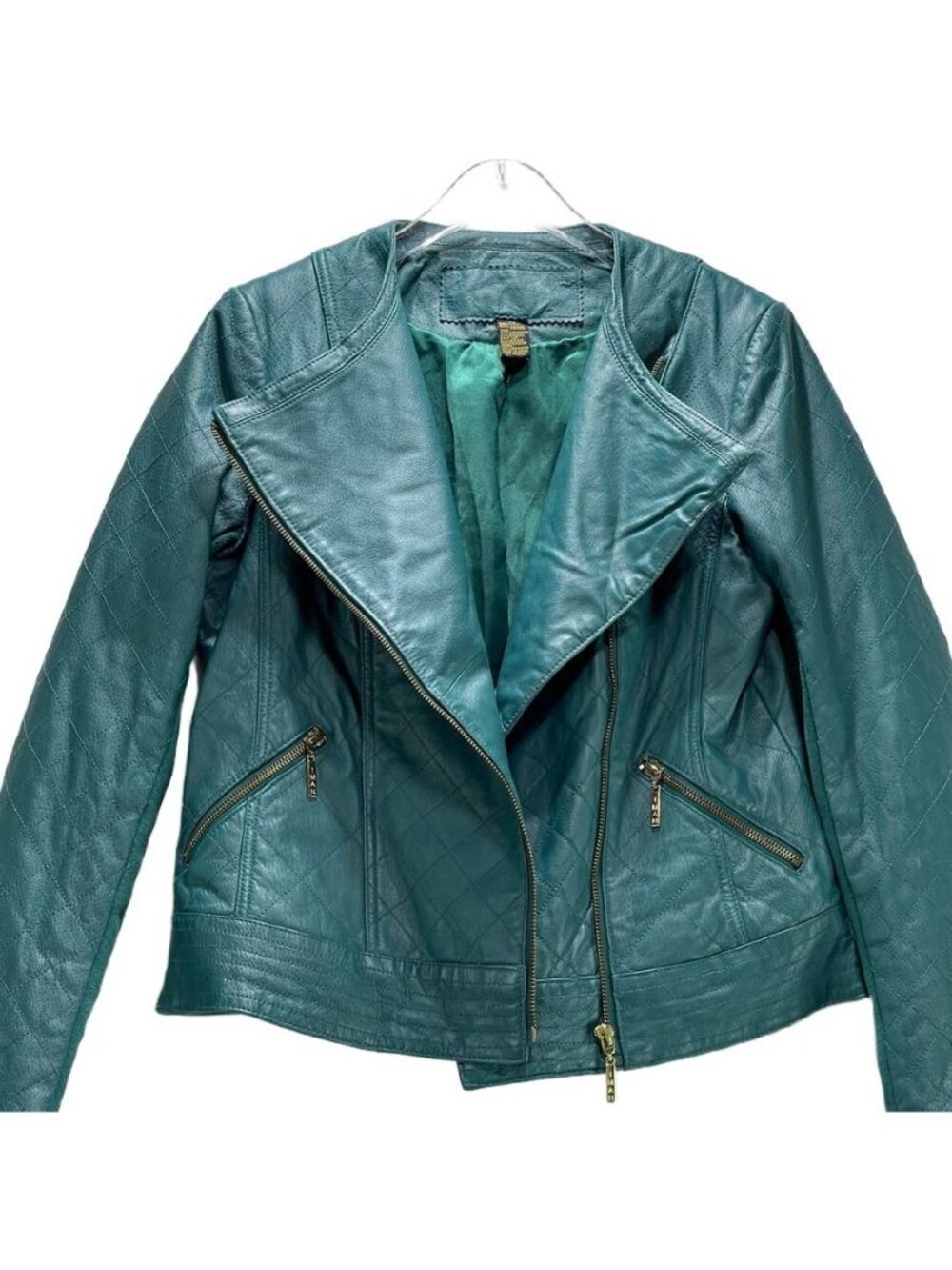 Iman Teal Leather Asymmetrical Moto Jacket XS Zipper Pockets Womens Size Small - Picture 3 of 13